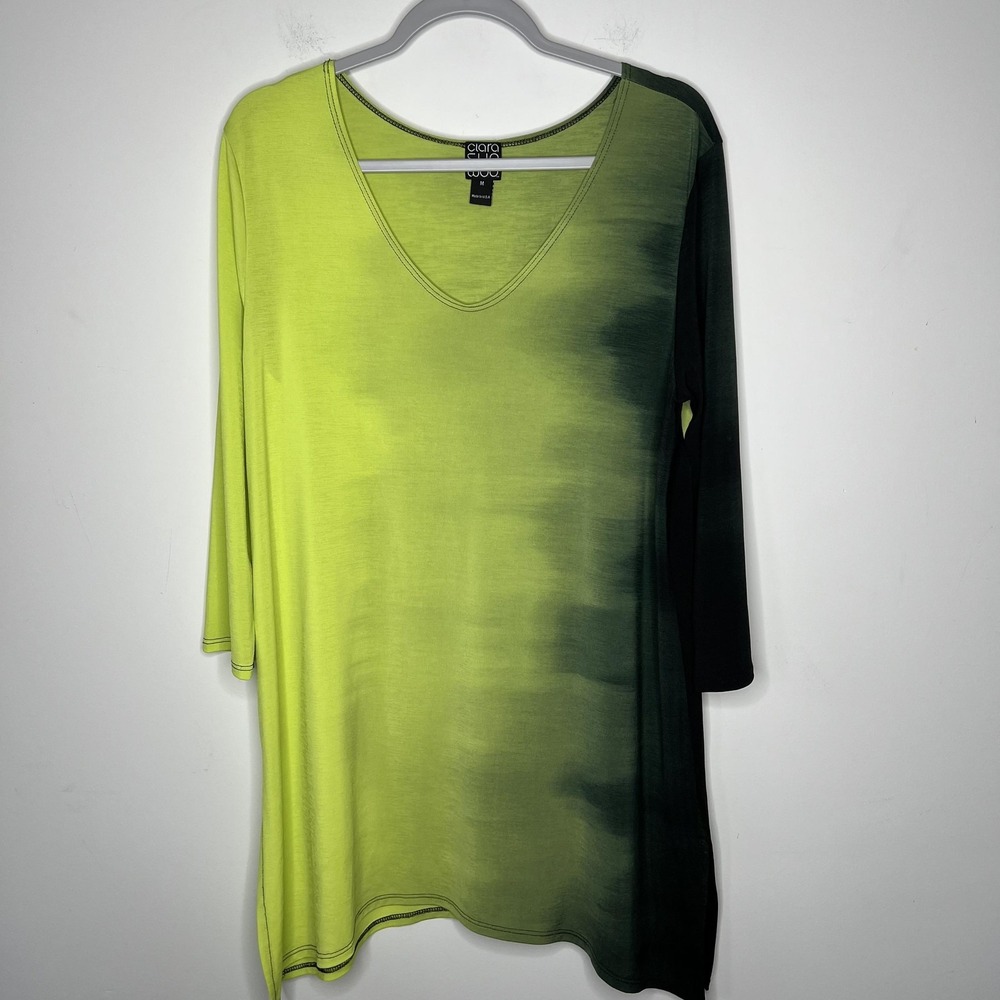 Clara Sunwoo Shirt Womens Medium Green Black Ombre Tunic 3/4 Sleeve Made USA‎